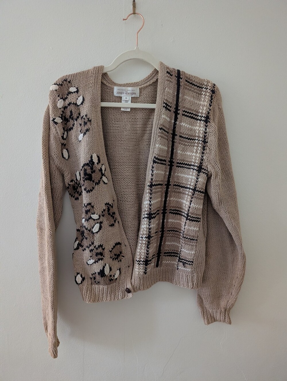 Jones New York Hand Knit Brown Floral Vintage Cardigan Sweater Size M